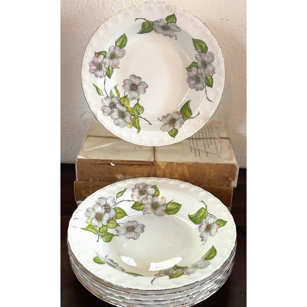 Vintage Pope Gosser Dogwood Serving Bowls Set of 6 Floral Scalloped Edge USA